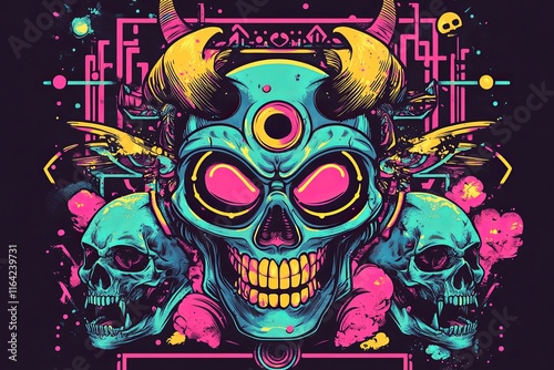 Vibrant illustration of a three-headed skull with horns, glowing eyes, and geometric patterns. photo