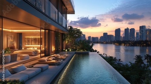 Luxurious waterfront villa with modern design under twilight sky in a vibrant...