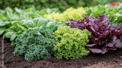Freshly harvested leafy greens thriving in a garden during early morning light