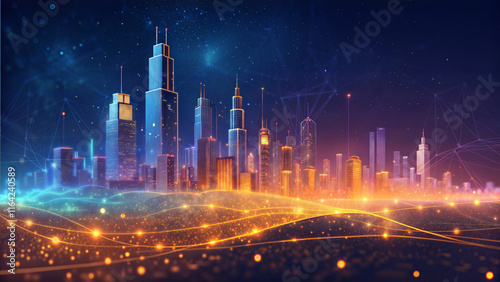 An urban business technology illustration. A digital illustration of a futuristic cityscape at night with a blend of abstract and luminescent elements. Connection and network concept