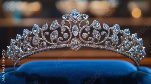 Elegant tiara with intricate design displayed on a cushion during a gala even...