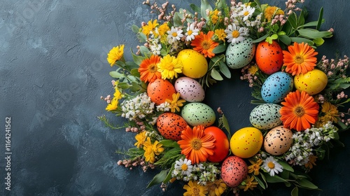 Colorful Easter egg wreath decorated with flowers and greenery on a blue back...
