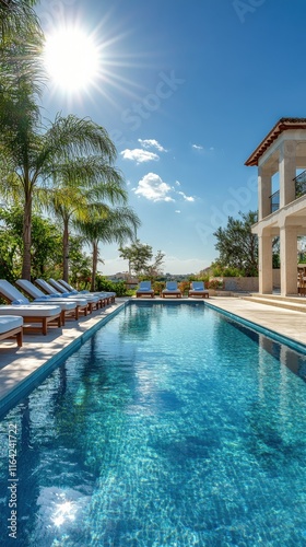 Luxury villa poolside oasis surrounded by lush greenery in a serene environment