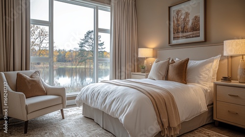 Fototapeta Naklejka Na Ścianę i Meble -  This tranquil bedroom features a comfortable bed with soft linens, a stylish armchair, and large windows showcasing a peaceful lake surrounded by autumn trees.