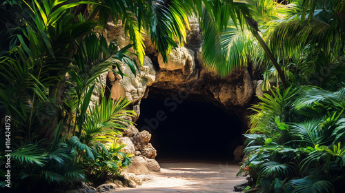 Tajemnicze wejście do jaskini otoczone bujną roślinnością.