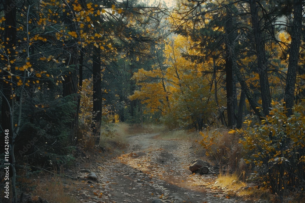 Obraz premium Serene Path Through Forest Bathed in Golden Autumn Light