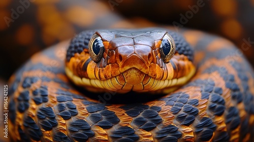 Colorful orange snake resting peacefully on a natural surface in bright daylight