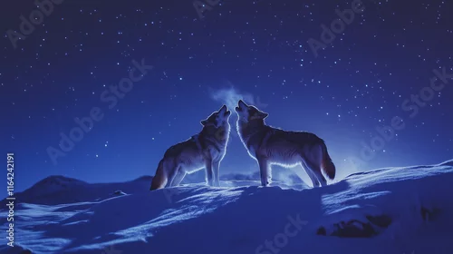 Fototapeta samoprzylepna Wilki stojące na śnieżnym zboczu, wyjąc do nieba na tle rozgwieżdżonego nieba pełnego ciszy i piękna.