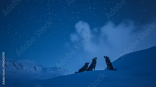 Fototapeta samoprzylepna Wilki stojące na śnieżnym zboczu, wyjąc do nieba na tle rozgwieżdżonego nieba pełnego ciszy i piękna.