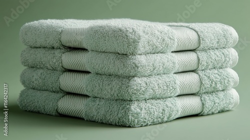 Soft white towels stacked neatly on a turquoise background for bathroom decor...