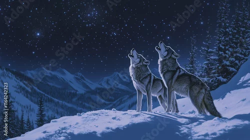 Fototapeta samoprzylepna Wilki stojące na śnieżnym zboczu, wyjąc do nieba na tle rozgwieżdżonego nieba pełnego ciszy i piękna.
