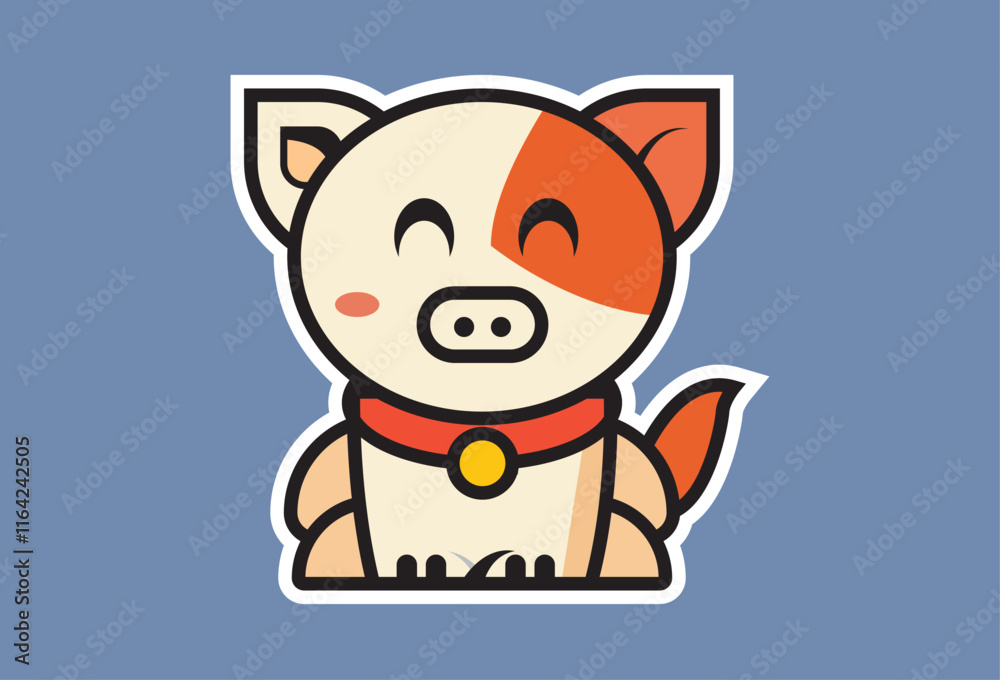 Illustration of a cheerful cartoon pig icon with a big smile and a cheerful design featuring cute elements such as bells, toys and its tail. Illustration of a cheerful cartoon pig icon with a big smile and a cheerful design featuring cute elements such as bells, toys and its tail.
