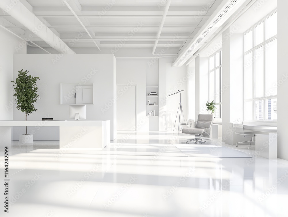 Fototapeta premium Modern White Office Minimalist Design Spacious Interior