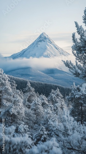 Snow-covered mountain peak rises majestically above the clouds in bright dayl...