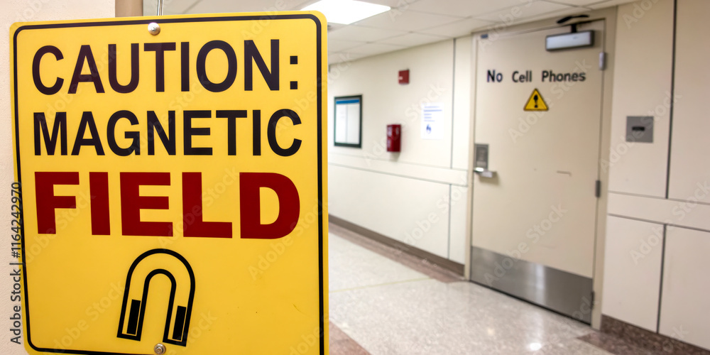 A caution sign alerts people to the presence of a magnetic field, located near a restricted area, emphasizing safety in a hospital environment. A caution sign alerts people to the presence of a magnetic field, located near a restricted area, emphasizing safety in a hospital environment.