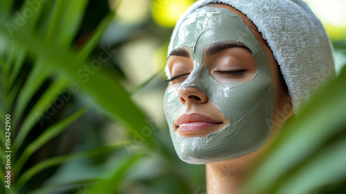 Woman enjoying a facial treatment at a modern skincare spa in a bright, relax...