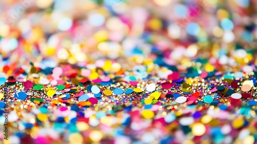  A vibrant and colorful scene with a multitude of small, multicolored confetti pieces scattered across the surface. The confetti appears to be in various shapes and sizes, creating a festive.