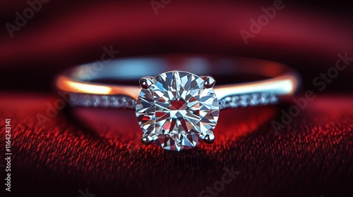 Elegant diamond engagement ring resting on rich red velvet fabric at an intim...
