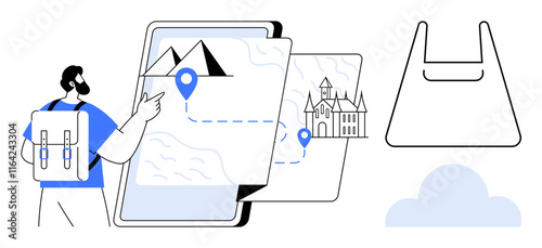 Traveler points at a digital map with location pinpoints, connected to landmarks thumbs up mountains and castles. Ideal for travel planning, exploration, navigation, digital tools, adventures