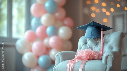 Graduation cap on chair with pink bow and decorative balloons in a vibrant celebration setting photo