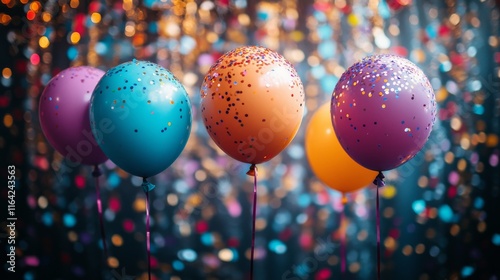 Colorful balloons and confetti creating a festive atmosphere for a celebratio...