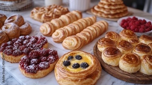 Selection of assorted pastries and desserts displayed on wooden boards in a r...