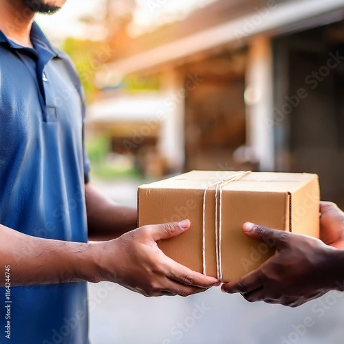 Wallpaper Mural close up courier service concept,Young man receiving package from a delivery man Torontodigital.ca