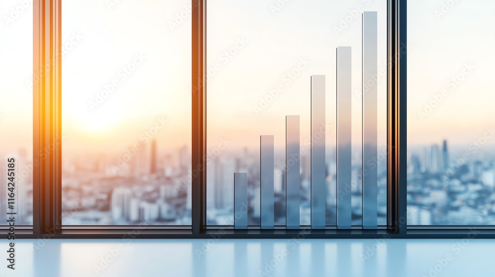 A modern office view shows a sunset over a city skyline with graph-like structures, symbolizing growth and progress. A modern office view shows a sunset over a city skyline with graph-like structures, symbolizing growth and progress.
