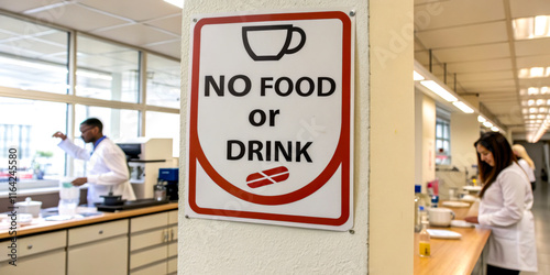 A sign indicating no food or drink is allowed in a laboratory setting, with scientists working in the background.