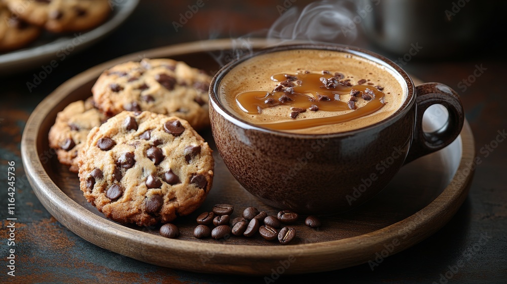 Warm coffee cup with cookies on a plate in a cozy setting Warm coffee cup with cookies on a plate in a cozy setting