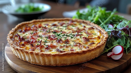 Savory baked dish served with fresh greens on a wooden plate in a restaurant ...