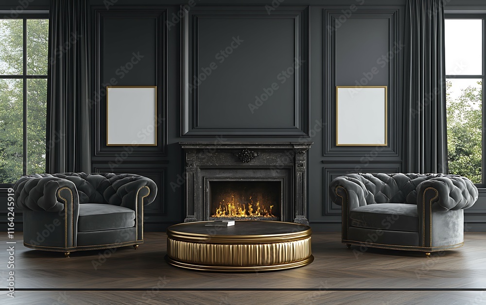 Elegant dark living room with fireplace, two armchairs, and coffee table. Elegant dark living room with fireplace, two armchairs, and coffee table.