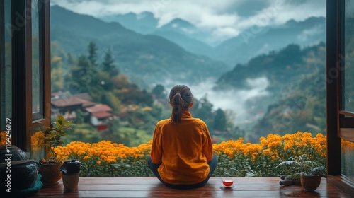 Relaxing in a serene mountain retreat while enjoying a refreshing drink and s...