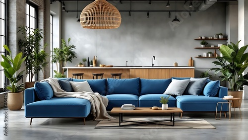 Blue sofa against concrete wall. Scandinavian loft home interior design of modern living room in minimalist studio apartment. photo