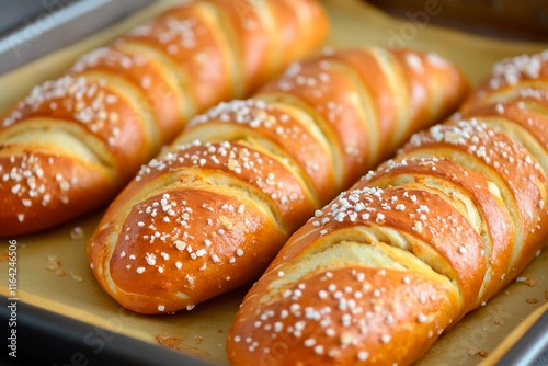 Freshly baked golden brown pretzel bread with coarse salt and a crispy crust photo