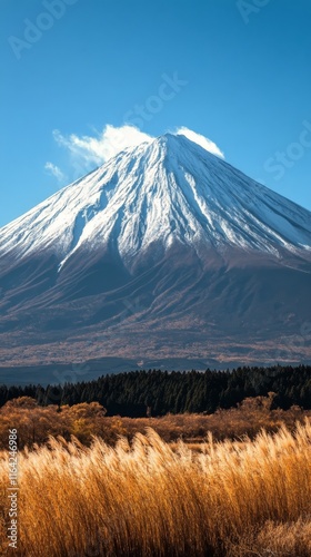 Snow-capped mountain under clear blue sky with golden grass in foreground nea...