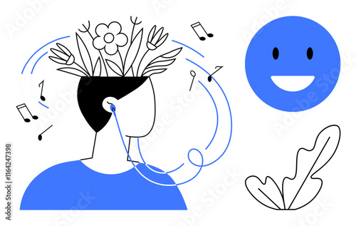 Person with flowers on head wearing earbuds, surrounded by musical notes. Blue happy face and leaf. Ideal for themes of creativity, mindfulness, music, happiness, self-expression, nature mental