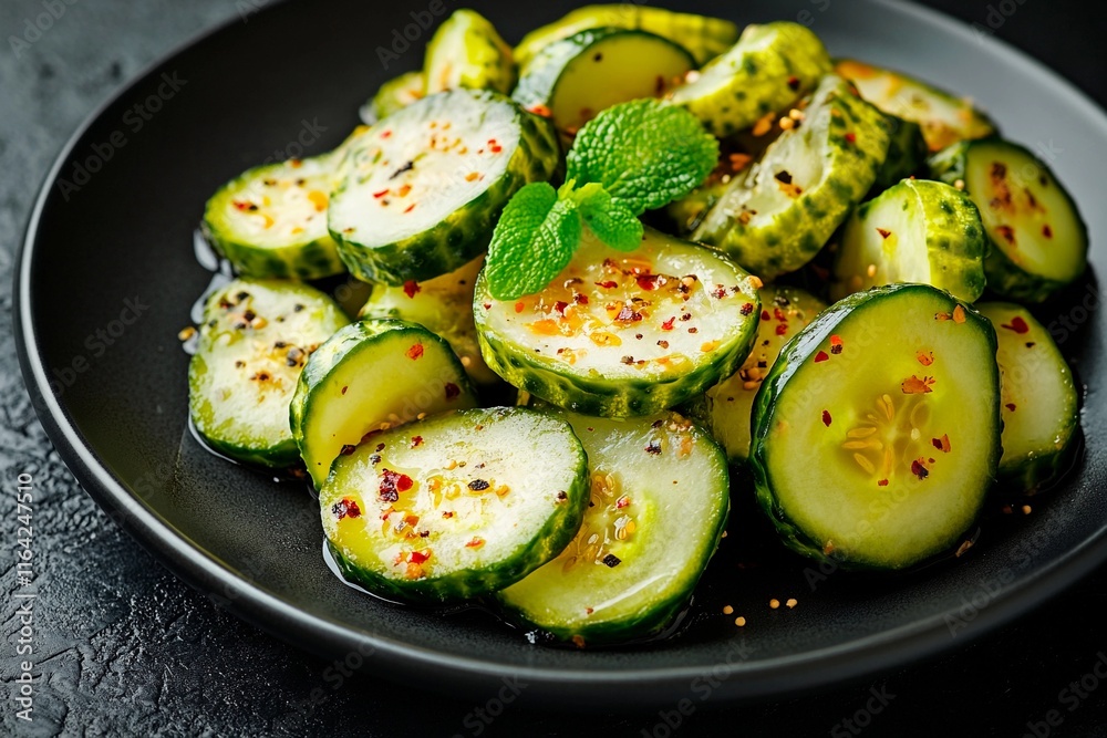 Refreshing cucumber salad garnished with vibrant herbs and spices for a delightful taste experience Refreshing cucumber salad garnished with vibrant herbs and spices for a delightful taste experience