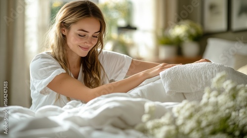 Cozy morning atmosphere with soft bedding and a warm touch in a bright room