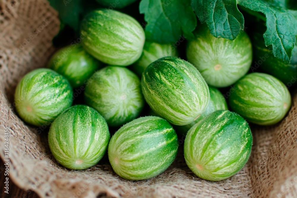 Fresh green melons nestled in a rustic basket at a local farmers market Fresh green melons nestled in a rustic basket at a local farmers market