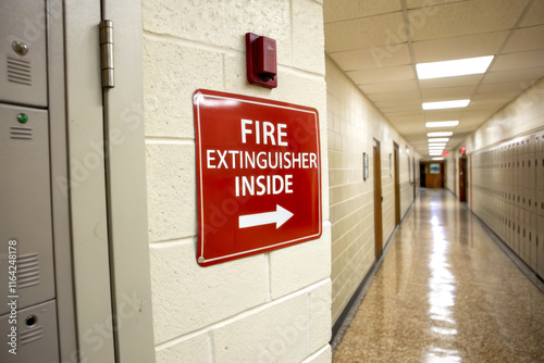A fire extinguisher sign directs individuals to safety equipment in a school hallway, highlighting emergency preparedness.