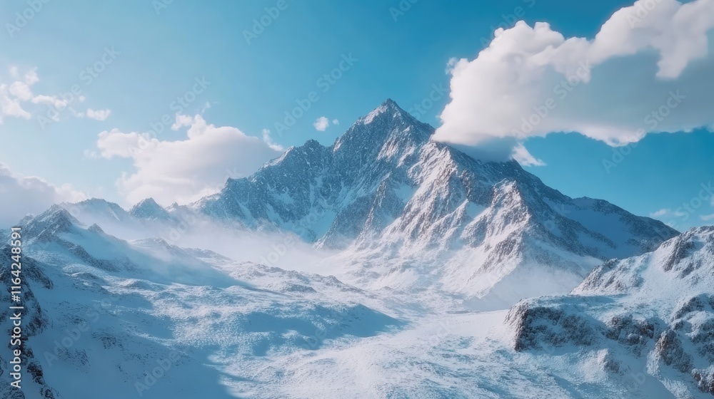 Obraz premium Majestic Snow-Capped Mountain Under Bright Blue Sky and Clouds