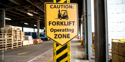 A caution sign indicating a designated forklift operating zone in a warehouse, highlighting safety and operational areas.