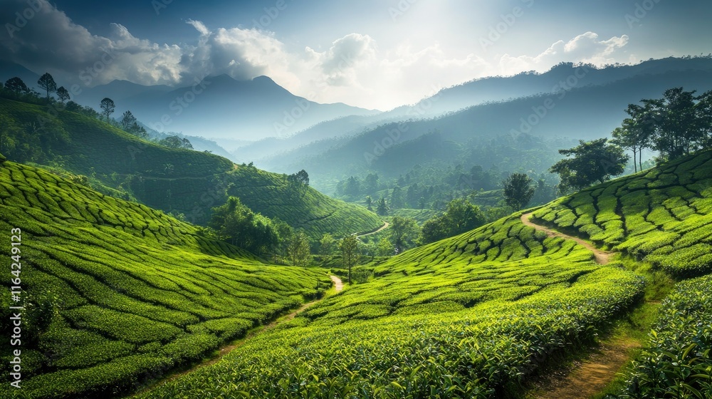 Fototapeta premium Lush Green Tea Plantation Landscape Under Soft Morning Light