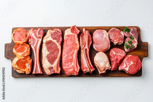 Selection of fresh meat cuts displayed on a rustic wooden board for culinary inspiration photo