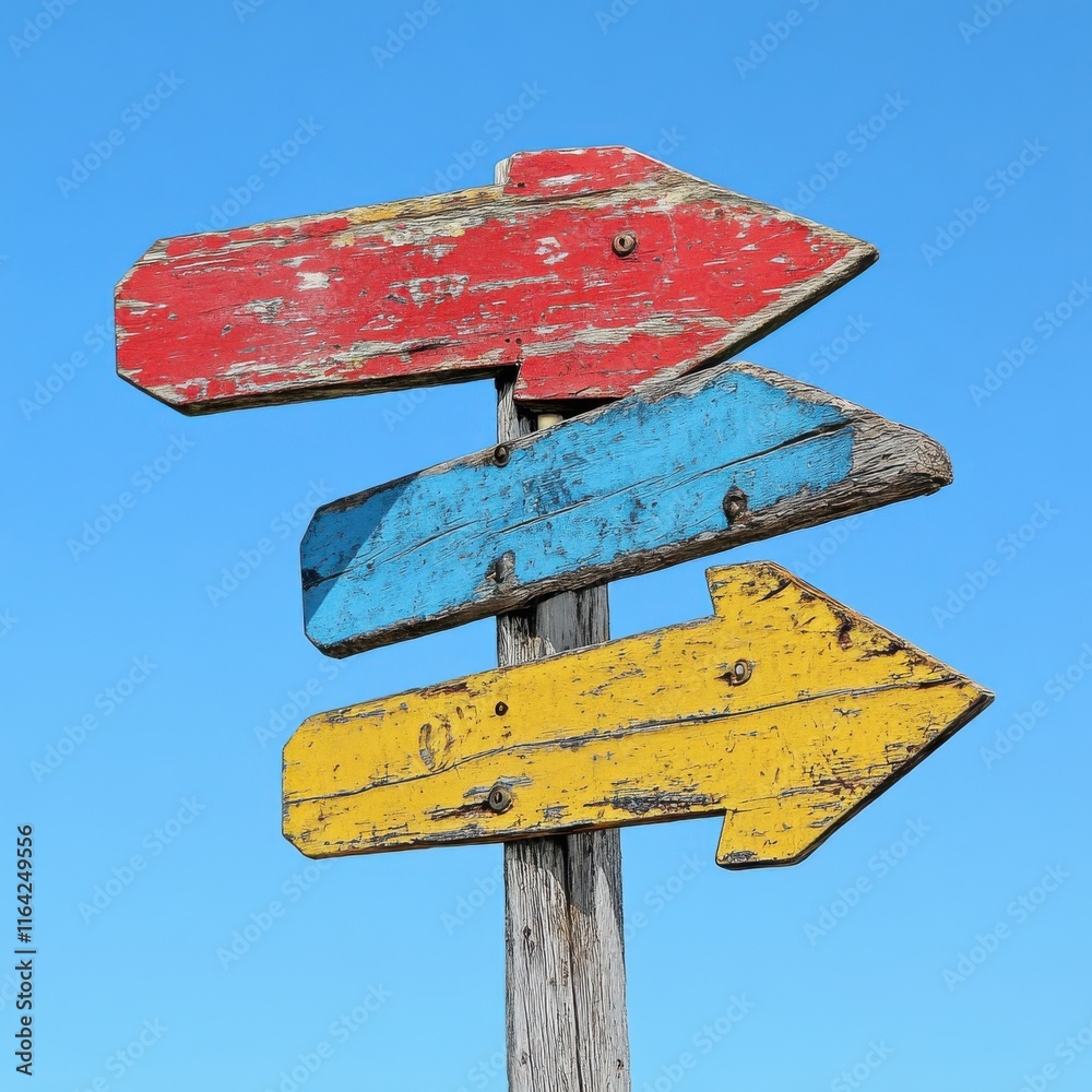 Colorful wooden directional signs against a clear blue sky.