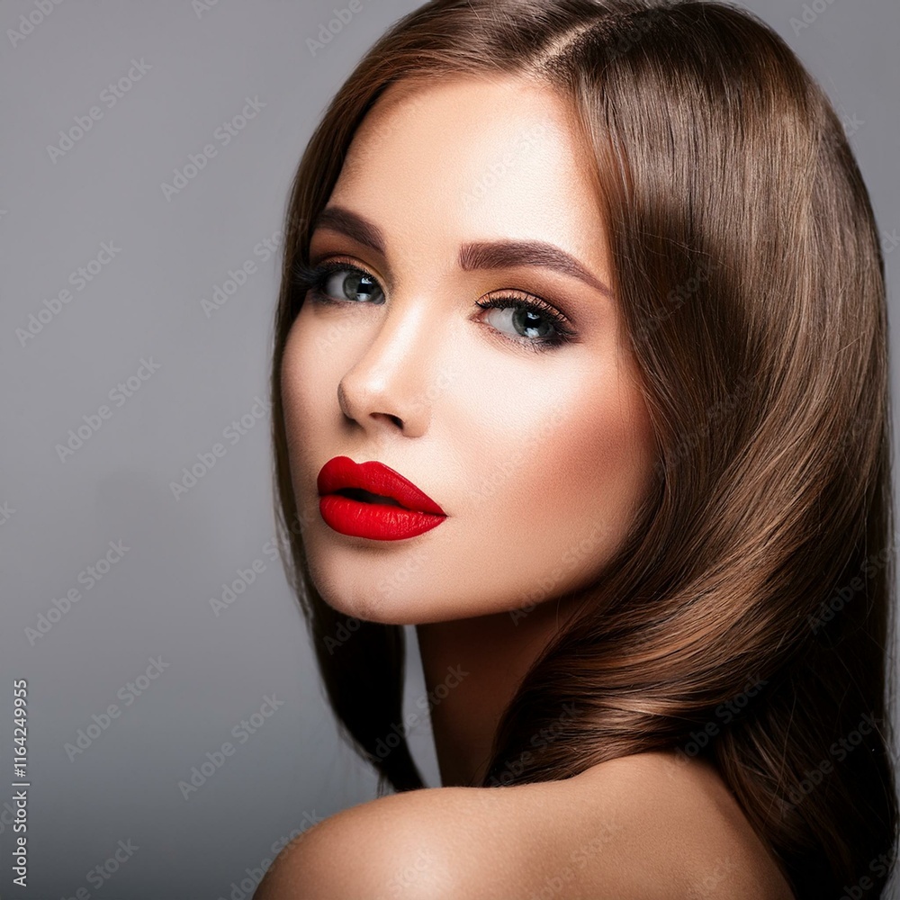 Close up Beautiful woman with red lips; make-up, hairstyle, fashion Close up Beautiful woman with red lips; make-up, hairstyle, fashion