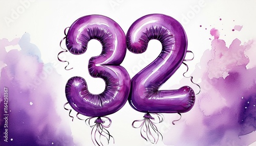 Purple birthday / anniversary balloon, number 32, watercolor painting with white background
