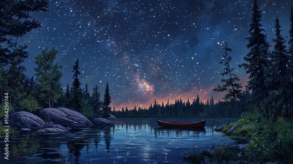 Fototapeta premium Serene night scene with a canoe on a calm lake under a starry sky.
