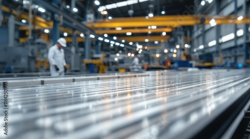 Wallpaper Mural Metal production in factory. Close-up of finished metal products on a conveyor belt in a large industrial factory, with a worker in the background. Torontodigital.ca